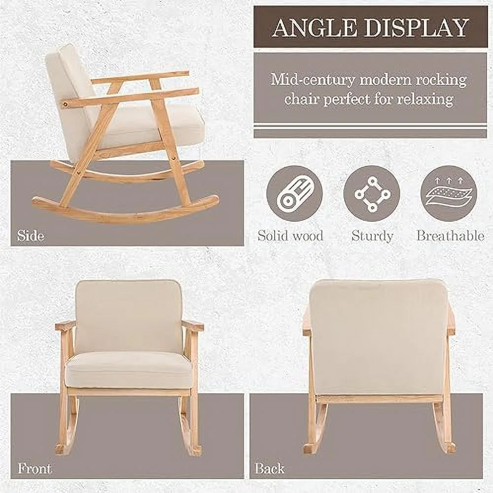 Beige Walnut Upholstered Rocking Chair with Solid Wood V372
