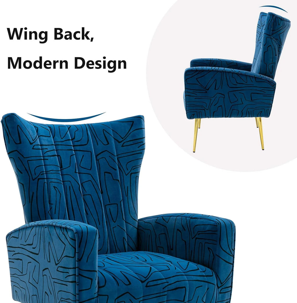 Navy Blue Velvet Wingback Accent Chair with Metal Legs K2500