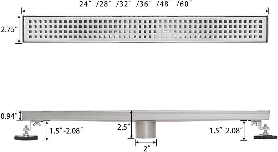 36 inch Linear Shower Drain with Brushed 304 Stainless Steel Bar Pattern Grate V5611