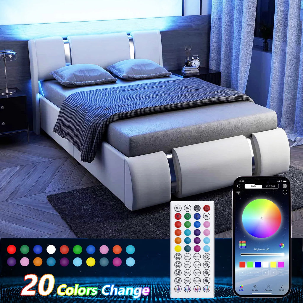 Queen Size Faux Leather Upholstered Platform Bed Frame with LED Light Headboard V203