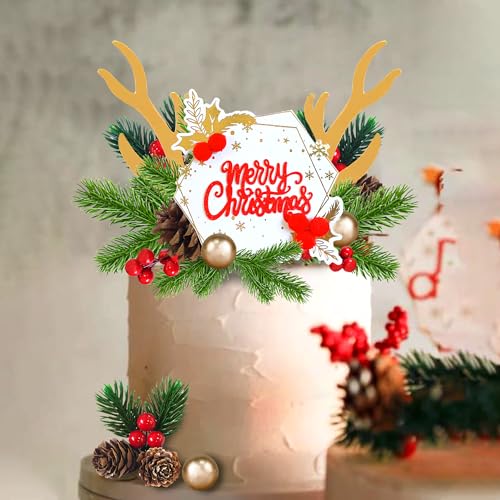 Christmas Cake Topper Deer Elk Cake Decorations with Pine Tree Pine Cones Golden Ball U311992