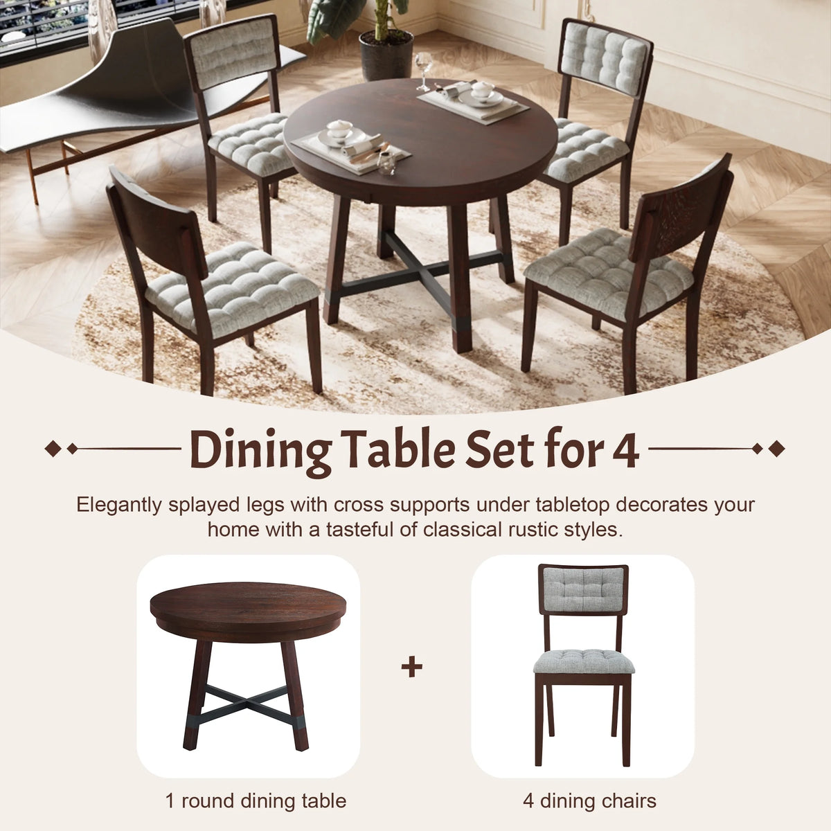 Rustic Wood 5 Piece Dining Table Set Q831