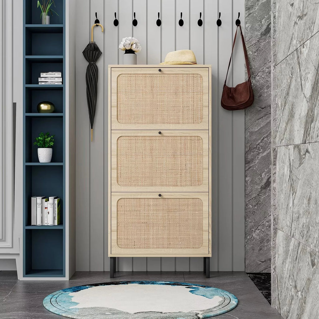 3 Flip Drawer Rattan Shoe Cabinet with Adjustable Shelves C36486