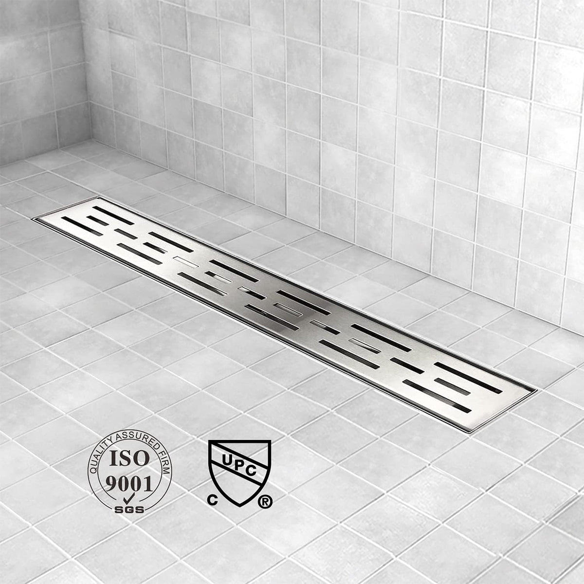 36 inch Linear Shower Drain with Brushed 304 Stainless Steel Bar Pattern Grate V5611