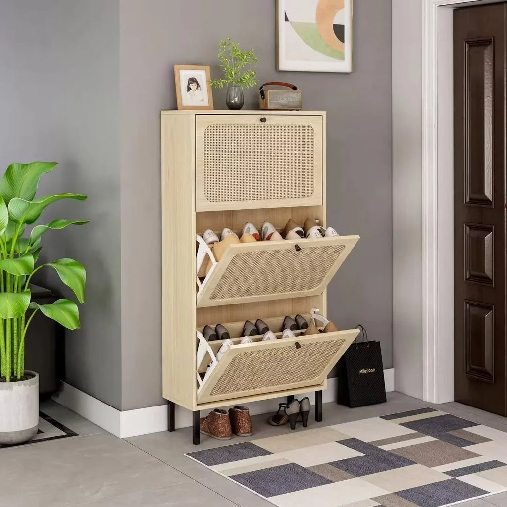 3 Flip Drawer Rattan Shoe Cabinet with Adjustable Shelves C36486