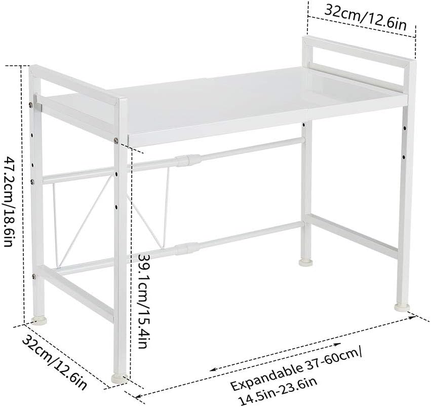 Expandable White Microwave Oven Rack Shelf Storage Stand, 2 Tiers with 3 Hooks O188
