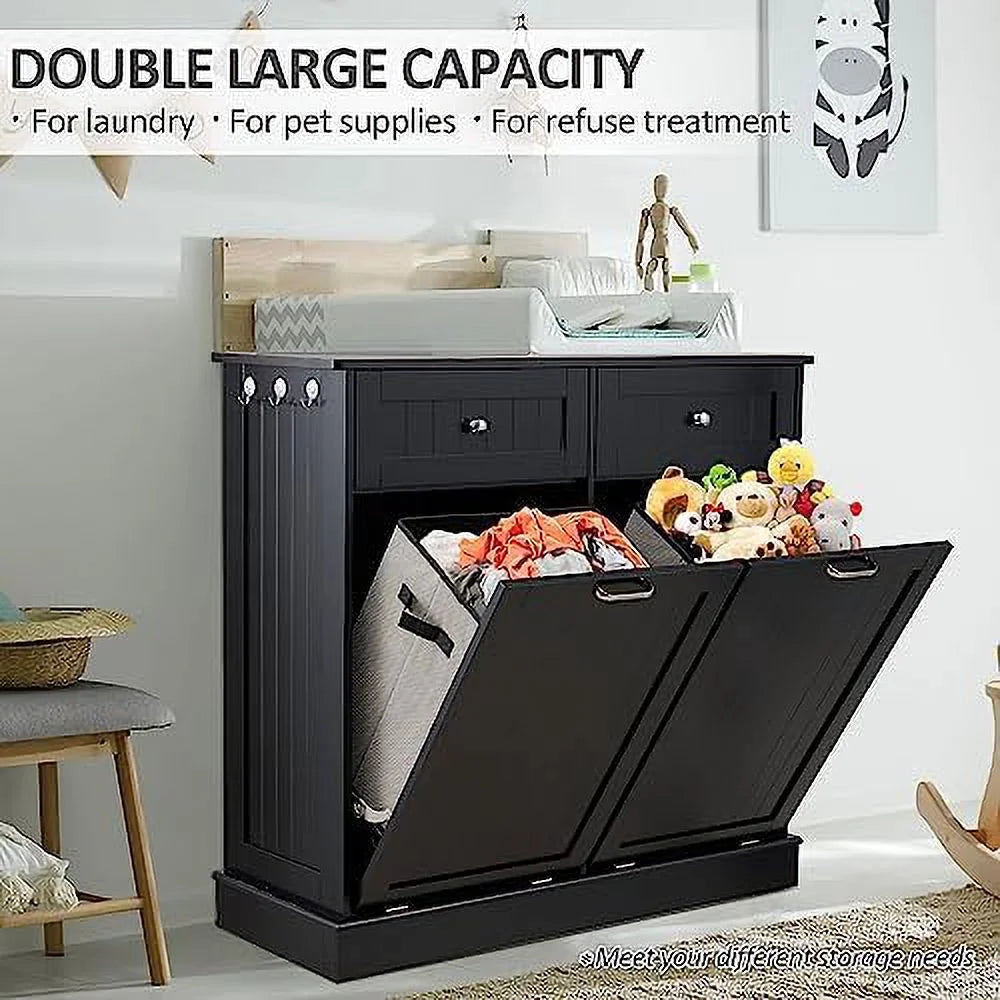 Double Tilt Out Trash Cabinet Laundry Hamper 20 Gallon Black G1050