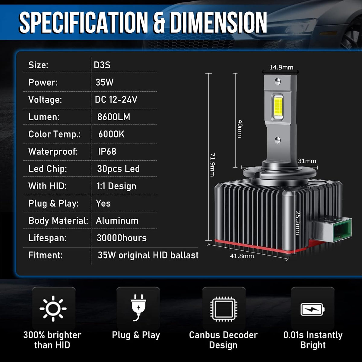 D3S LED Bulbs 6000K White 70W 8600LM Headlight Bulb X71657