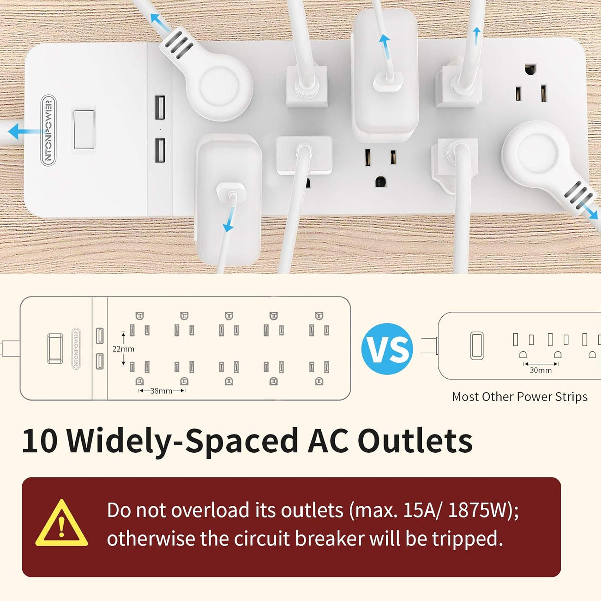 25 Ft Extension Cord Surge Protector with 10 Outlets 2 USB, Pack of 2 M4327