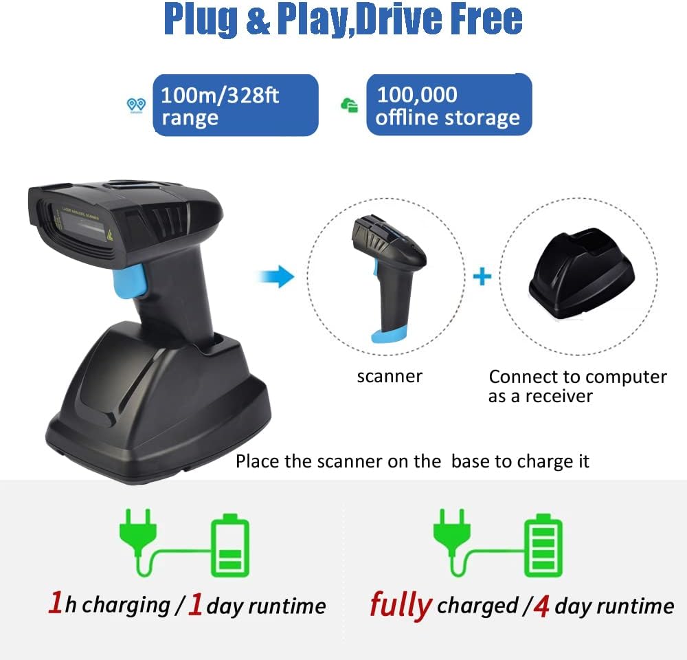 Cordless Barcode Scanner 2D QR Code Bar Code Reader with USB Cradle CMOS Imager W602