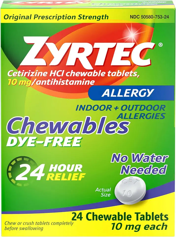 24 Hour Allergy Relief Chewable Tablets 10 mg Cetirizine Hydrochloride Dye-Free 24 ct N618668