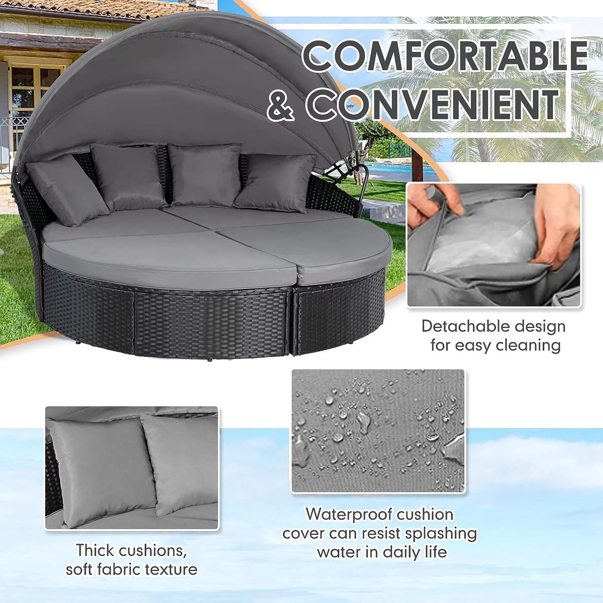 4 Piece Black Wicker Outdoor Daybed Set with Cushions M542177
