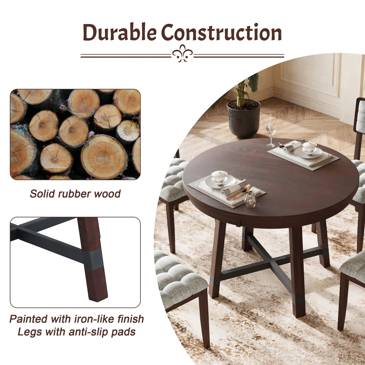 Rustic Wood 5 Piece Dining Table Set Q831