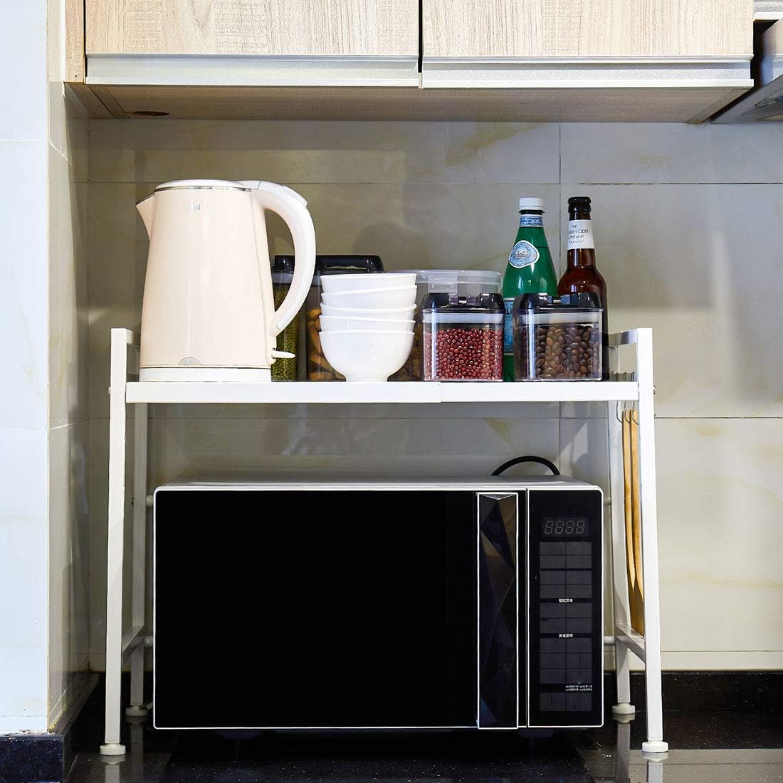 Expandable White Microwave Oven Rack Shelf Storage Stand, 2 Tiers with 3 Hooks O188