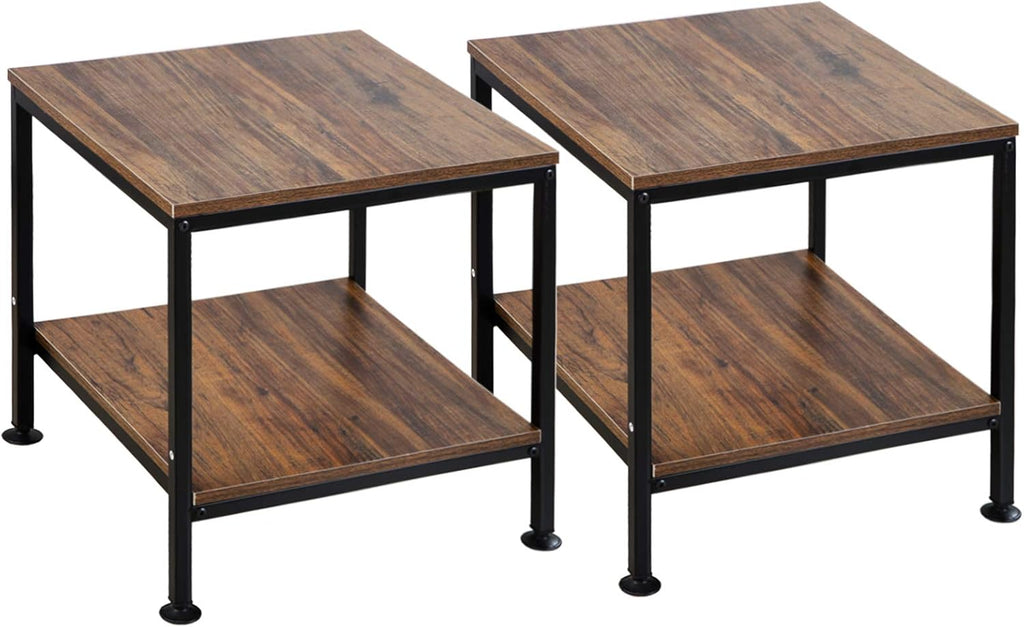 Rustic Brown 2 Tiers Square End Table with Metal Frame, Set of 2 L45551