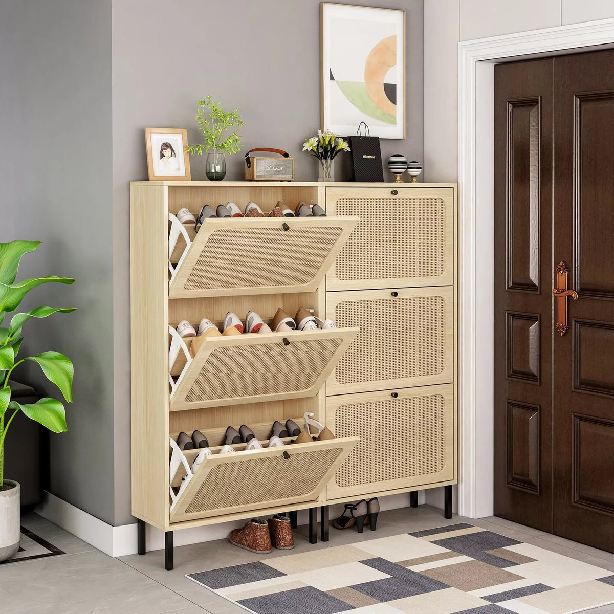 3 Flip Drawer Rattan Shoe Cabinet with Adjustable Shelves C36486