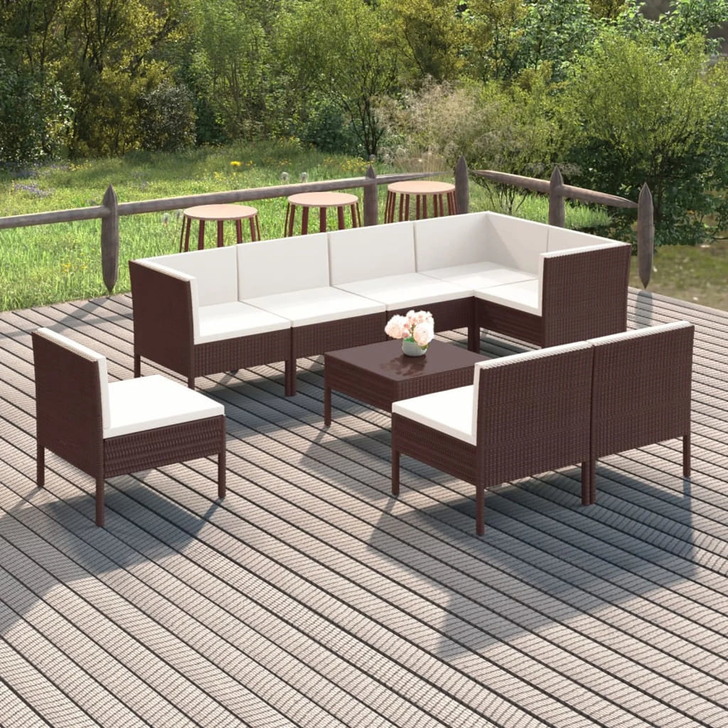 9 Piece Patio Lounge Set with Cream White Cushion Brown Poly Rattan Sectional Outdoor Furniture Set I5243