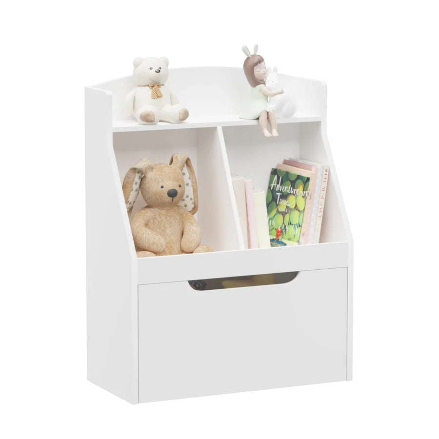 White Wooden Kids Bookcase with Toy Box on Wheels N530689