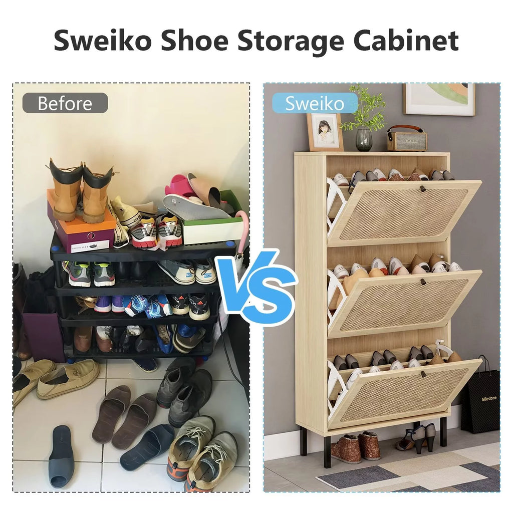 3 Flip Drawer Rattan Shoe Cabinet with Adjustable Shelves C36486