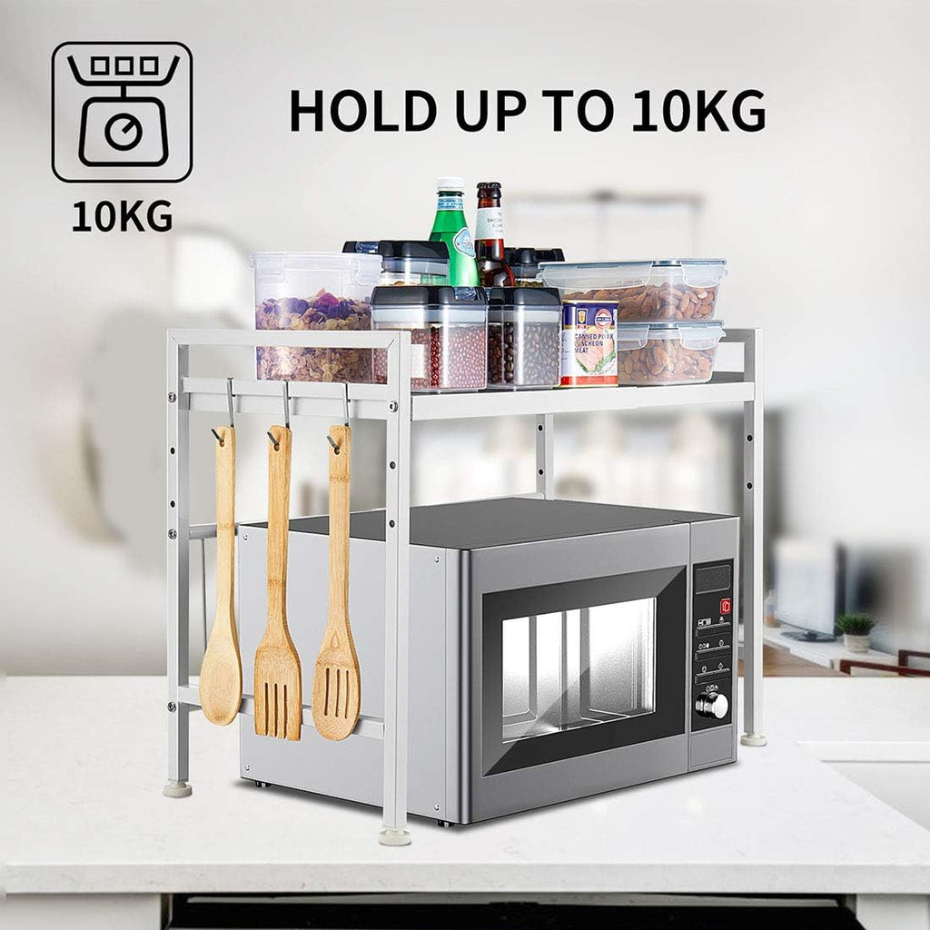 Expandable White Microwave Oven Rack Shelf Storage Stand, 2 Tiers with 3 Hooks O188