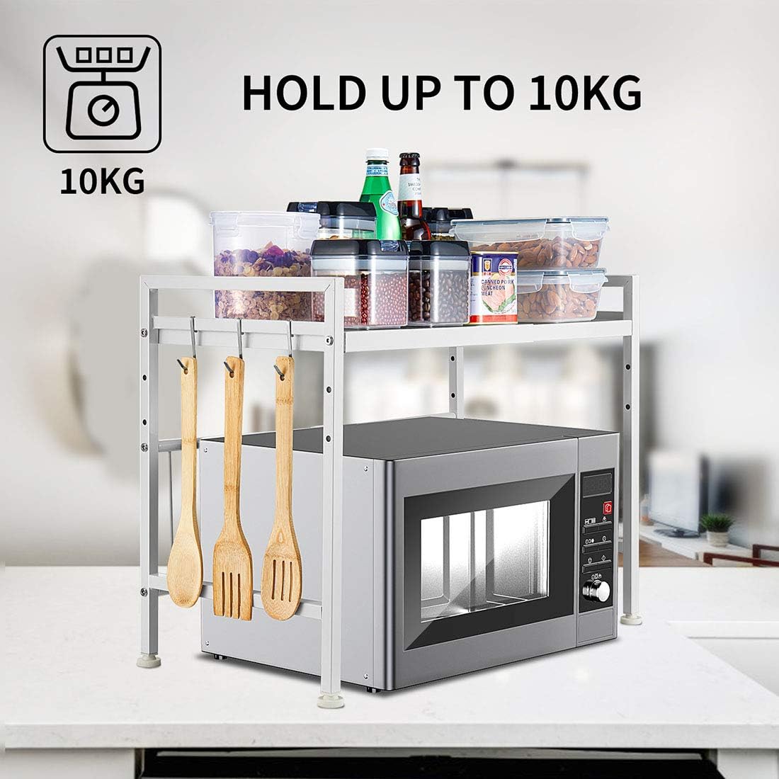 Expandable White Microwave Oven Rack Shelf Storage Stand, 2 Tiers with 3 Hooks O188