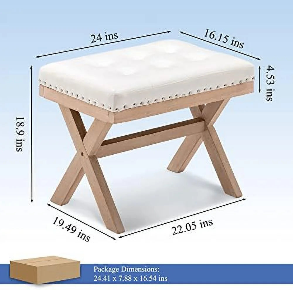 Burlap Linen Fabric Upholstered Bench Ottoman with X-Shaped Wooden Legs S23771