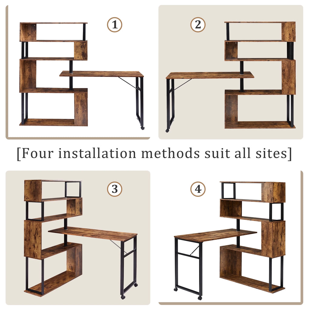 L-Shaped Corner Computer Desk with 5-Tier Bookshelf S677