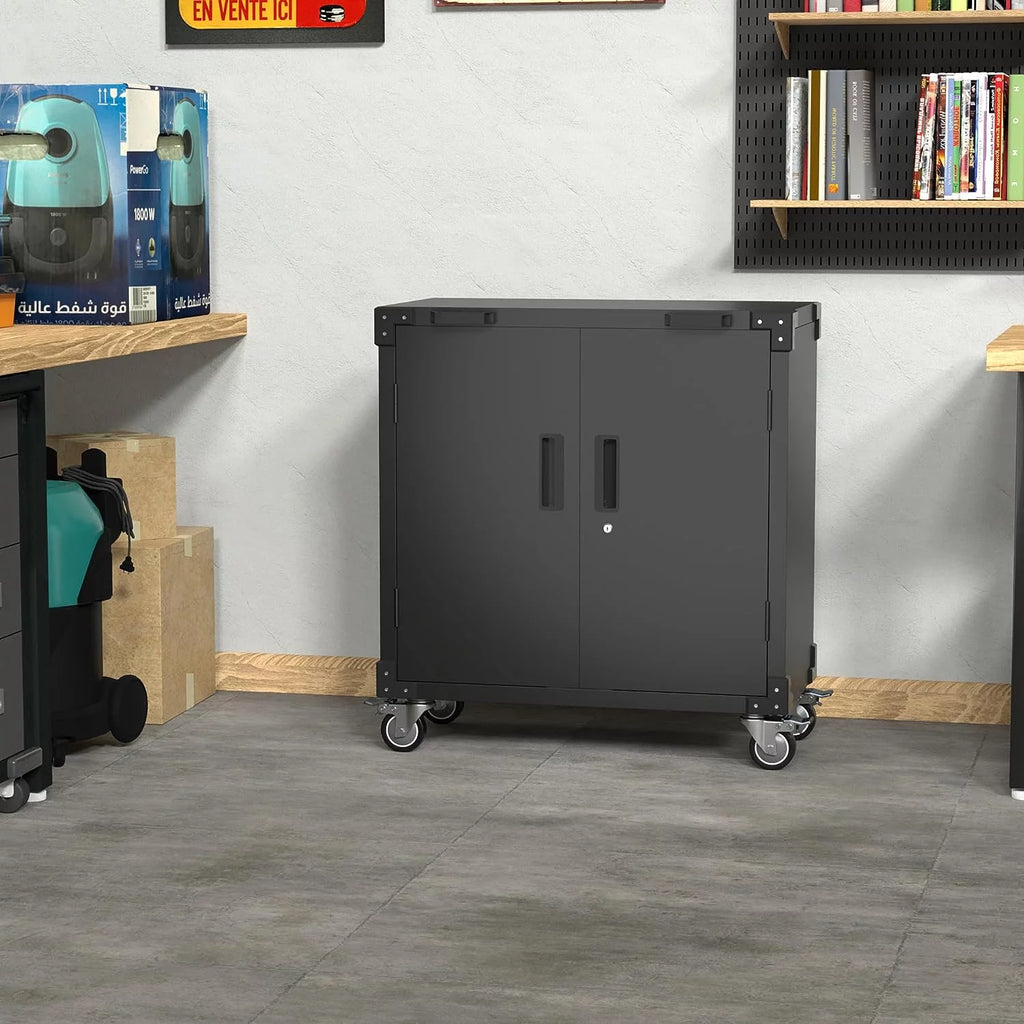 Lockable Steel Storage Cabinet with Adjustable Shelves and Wheels, Black D821230