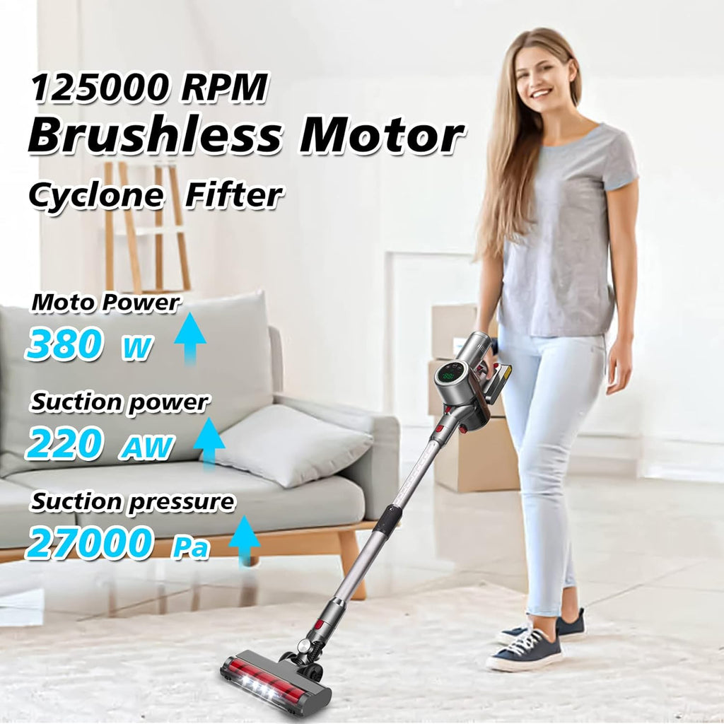 Cordless Stick Vacuum Cleaner with 2 Batteries, 27KPa Brushless Motor, LED Display P735