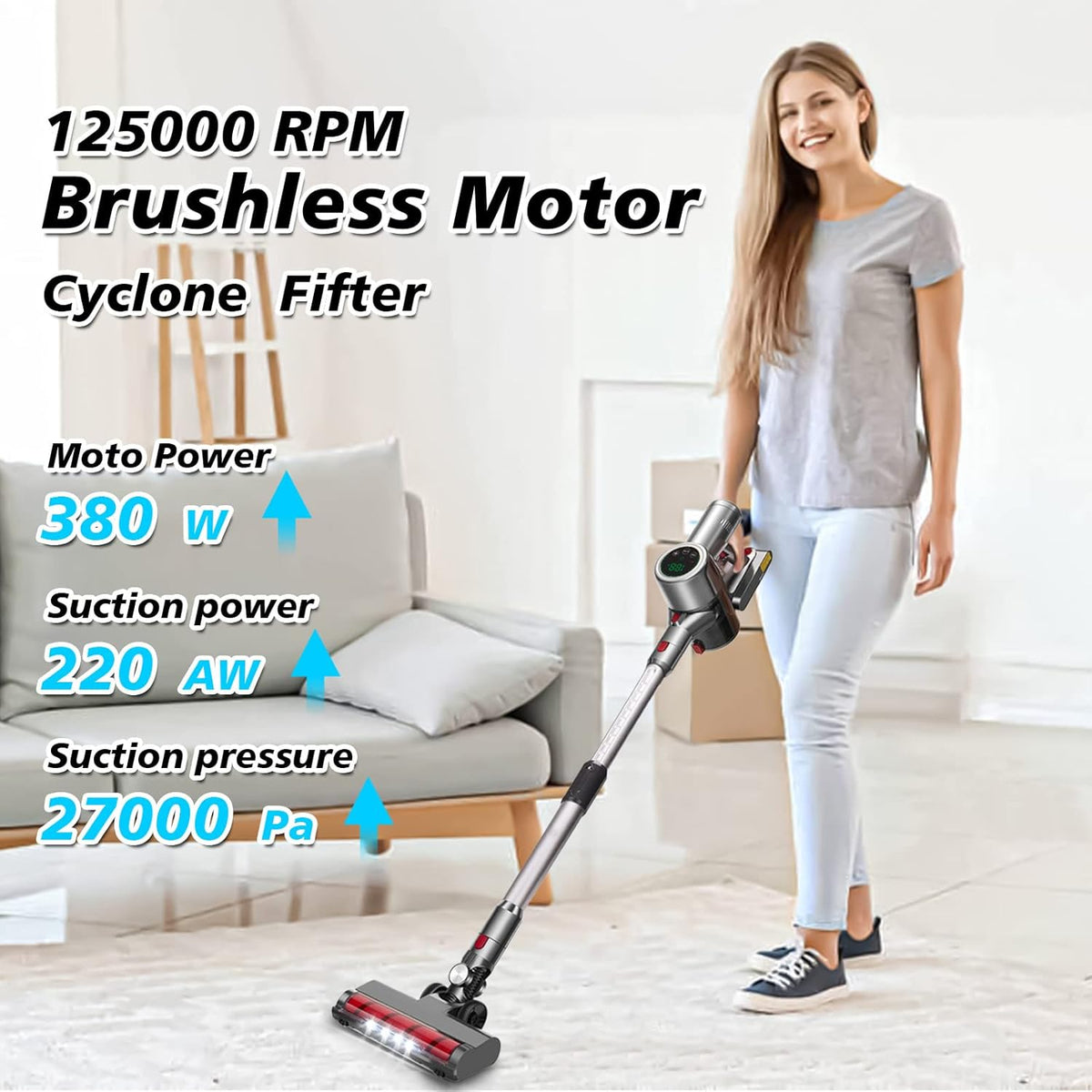 Cordless Stick Vacuum Cleaner with 2 Batteries, 27KPa Brushless Motor, LED Display P735