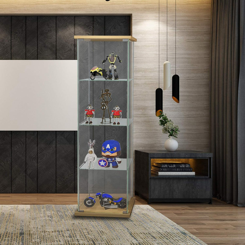 Curio Cabinet with Glass Doors 4 Shelves Glass Display Cabinet, 64”x 17”x 14.5”, Nature Wood R991