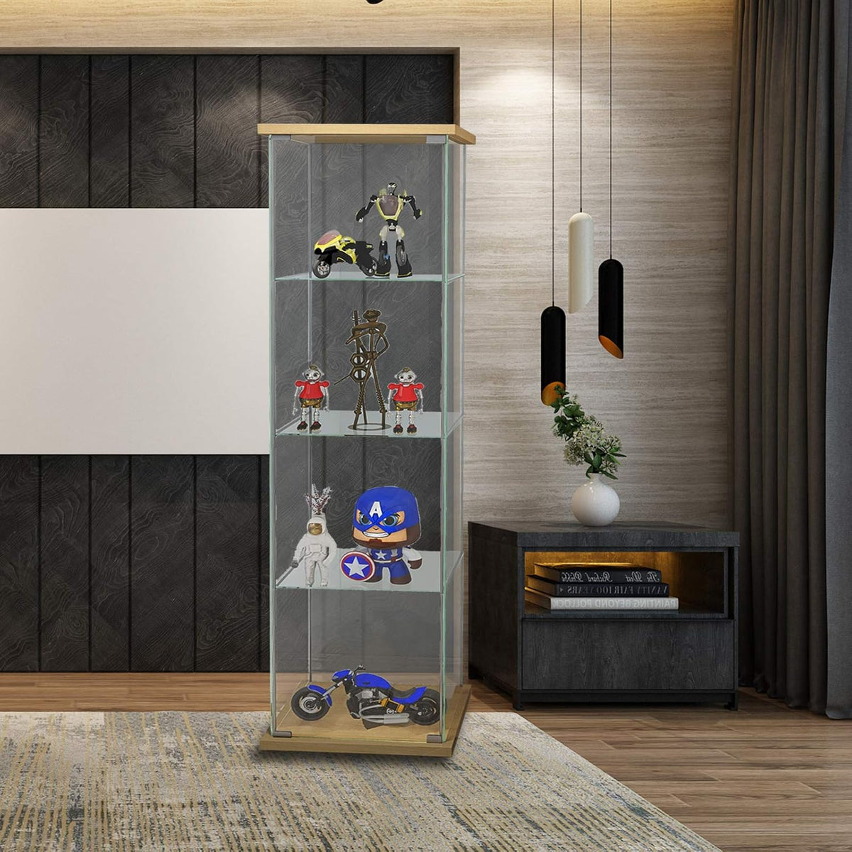 Curio Cabinet with Glass Doors 4 Shelves Glass Display Cabinet, 64”x 17”x 14.5”, Nature Wood R991