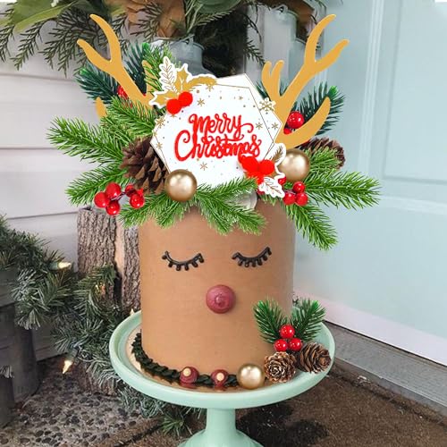 Christmas Cake Topper Deer Elk Cake Decorations with Pine Tree Pine Cones Golden Ball U311992