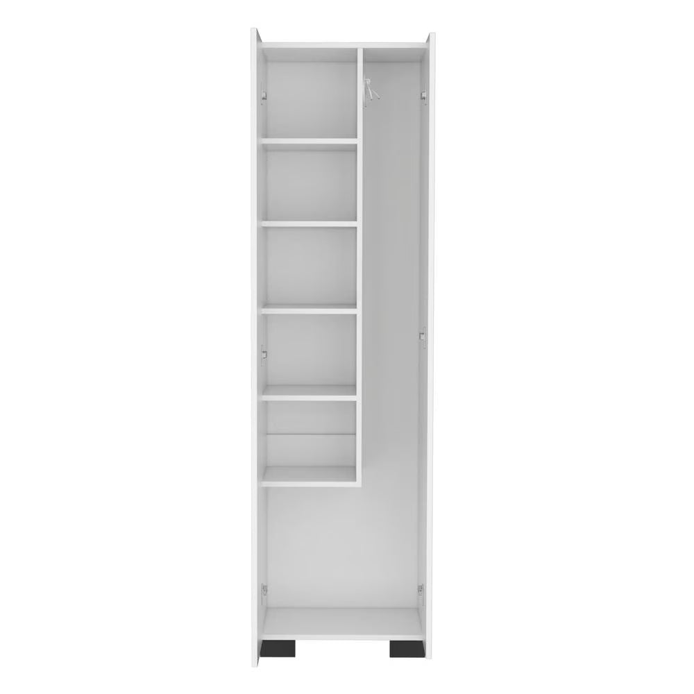 White Double-Door Broom Cabinet with Inner Shelves and Side Hangers M3099