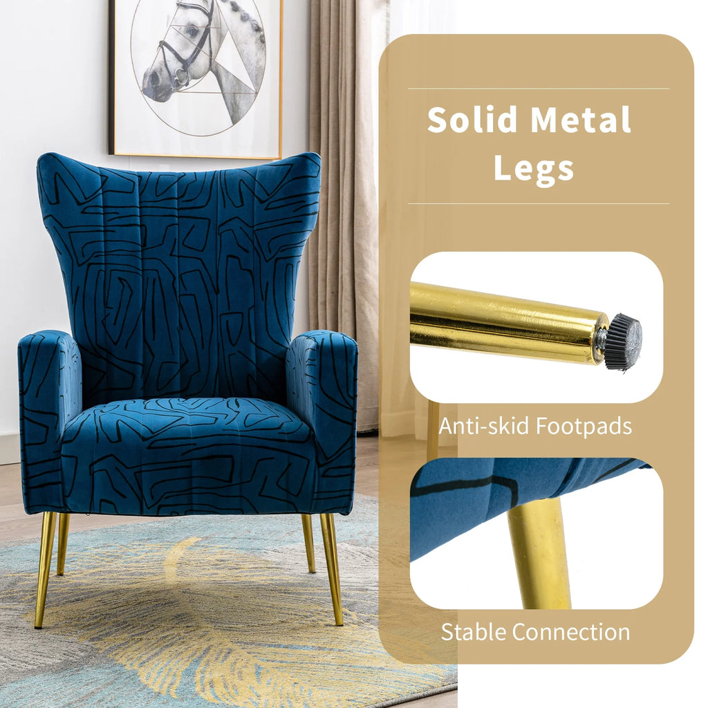 Navy Blue Velvet Wingback Accent Chair with Metal Legs K2500