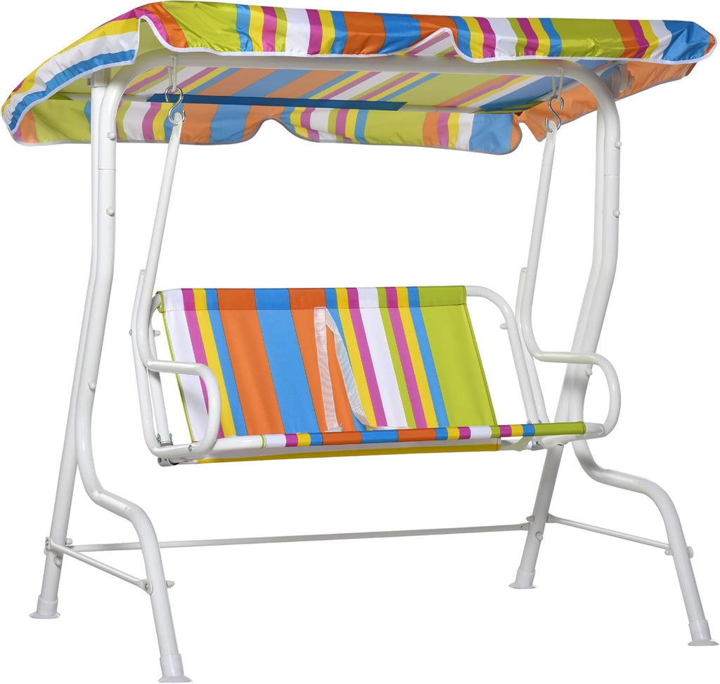 2-Seat Kids Canopy Swing Chair with Shade Awning Seat Belt Colorful Stripes H3206