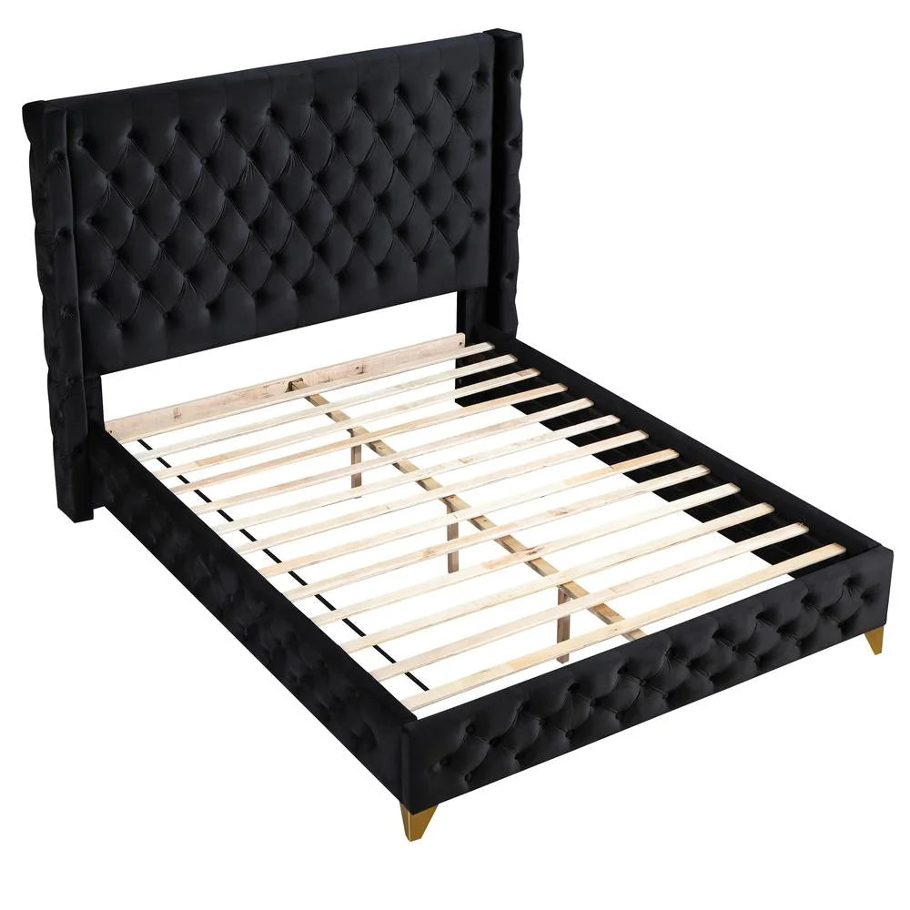 King Platform Bed with Black Velvet Upholstery W78542