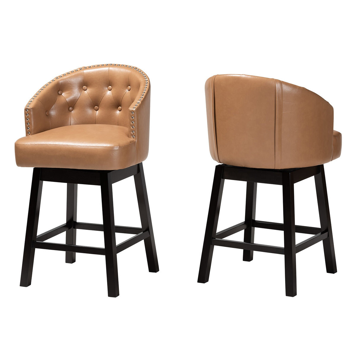 Faux Leather and Wood Swivel Counter Stool Set-2PC Tan, Espresso Brown M559794