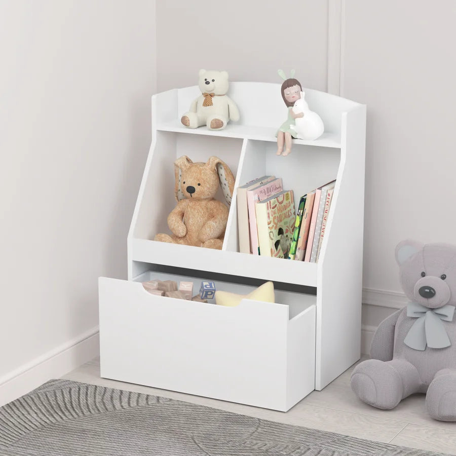 White Wooden Kids Bookcase with Toy Box on Wheels N530689