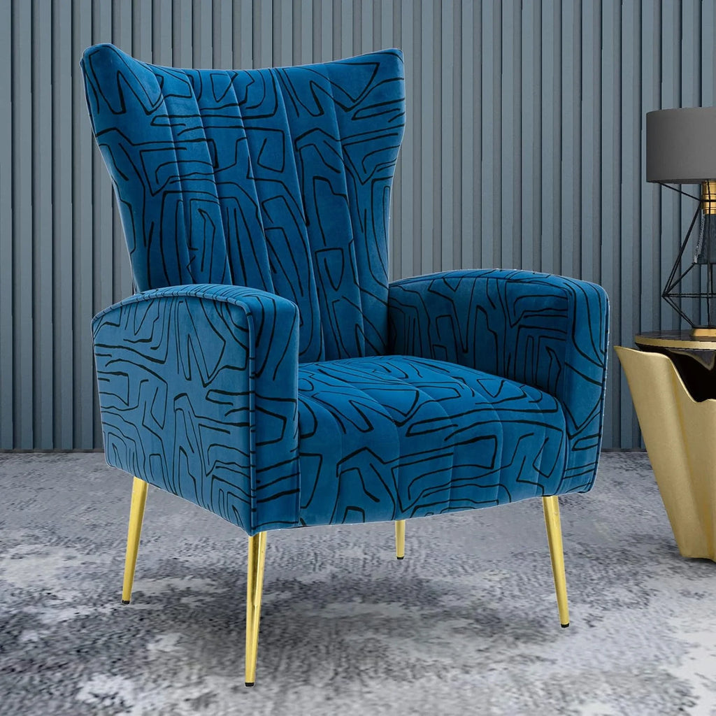 Navy Blue Velvet Wingback Accent Chair with Metal Legs K2500