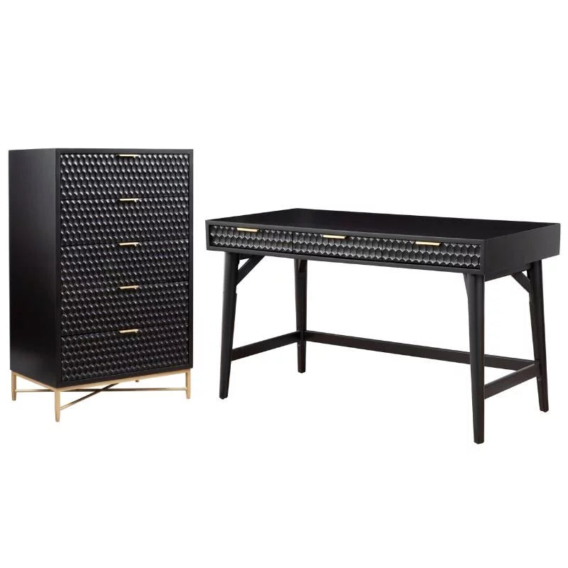 5 Drawer Chest and Wood Desk Set in Black N304