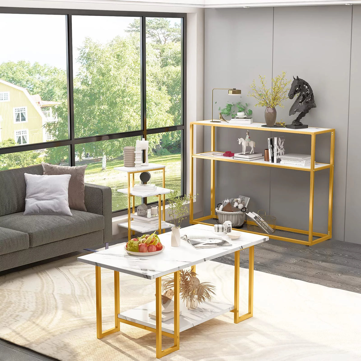 Gold Coffee Table Set of 3 with Metal Frame P8887