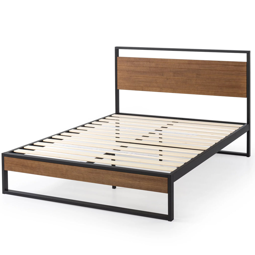 Metal and Wood Platform Bed Frame with Headboard, Chestnut Brown, Full Y4403