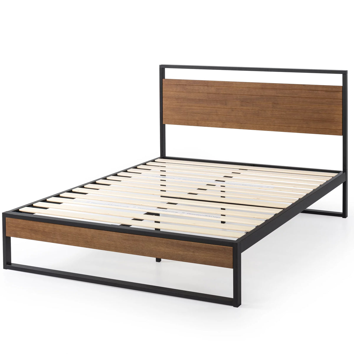 Metal and Wood Platform Bed Frame with Headboard, Chestnut Brown, Full Y4403