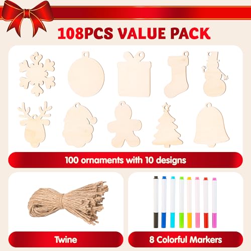 100 Pcs Unfinished Wood Ornaments with 8 Watercolor Pens H869540