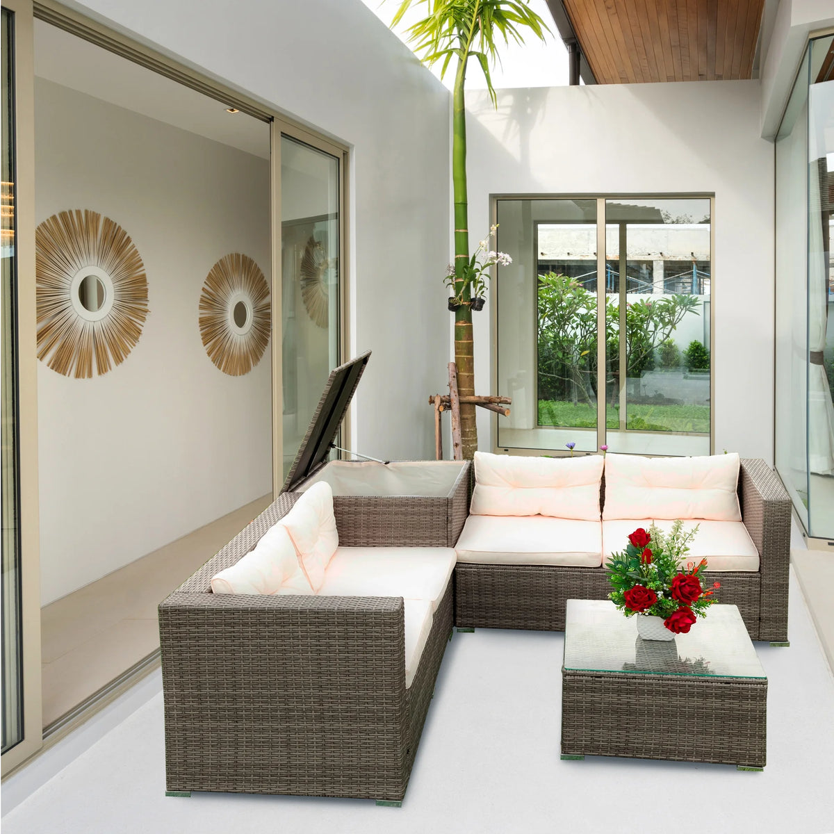 Creme 4 Piece Patio Sectional Wicker Rattan Outdoor Furniture Sofa Set with Storage Box D4560