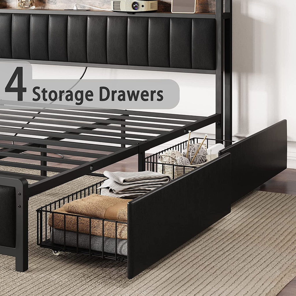 King Bed Frame with Storage Drawers and Upholstered Platform Bed I470