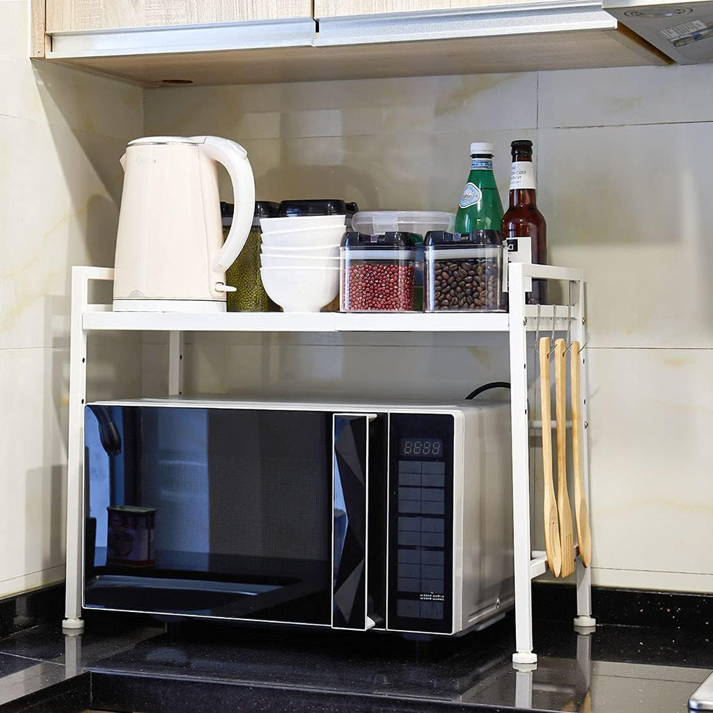 Expandable White Microwave Oven Rack Shelf Storage Stand, 2 Tiers with 3 Hooks O188