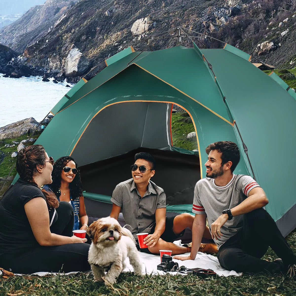 4 Person Pop up Camping Tent, Green Z95642
