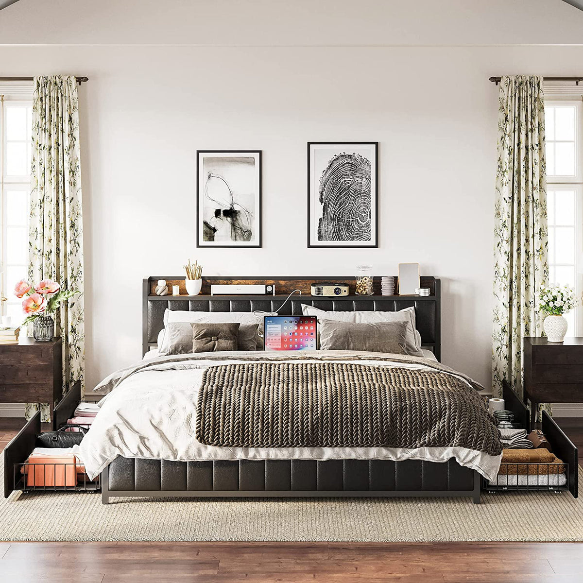 King Bed Frame with Storage Drawers and Upholstered Platform Bed I470
